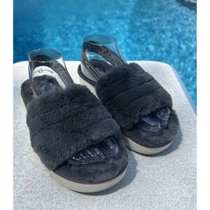 Koolaburra By UGG Women's Fuzz'n II Grey Faux Fur Sling Back Sandals (SIZE 7)‎